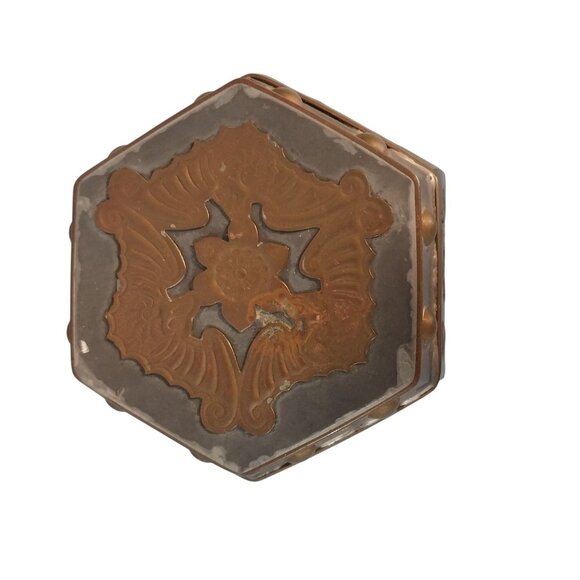 Vintage Hong Kong Pewter & Brass Tea Caddy Tobacco Jar Bat Lotus 1930s 4" - Picture 4 of 7